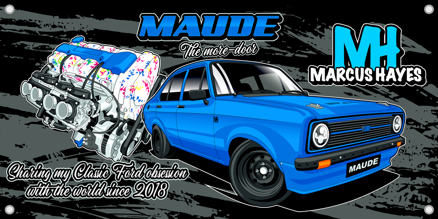 'MAUDE' THE MORE-DOOR MK2 ESCORT PVC BANNER (BLACK BACKGROUND)