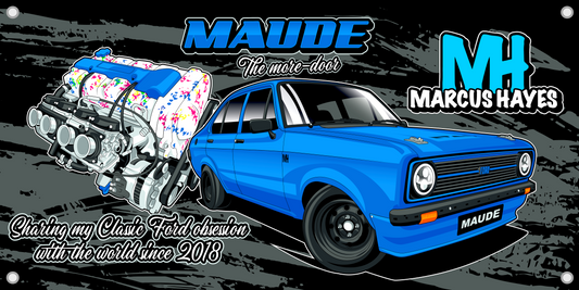 'MAUDE' THE MORE-DOOR MK2 ESCORT PVC BANNER (BLACK BACKGROUND)